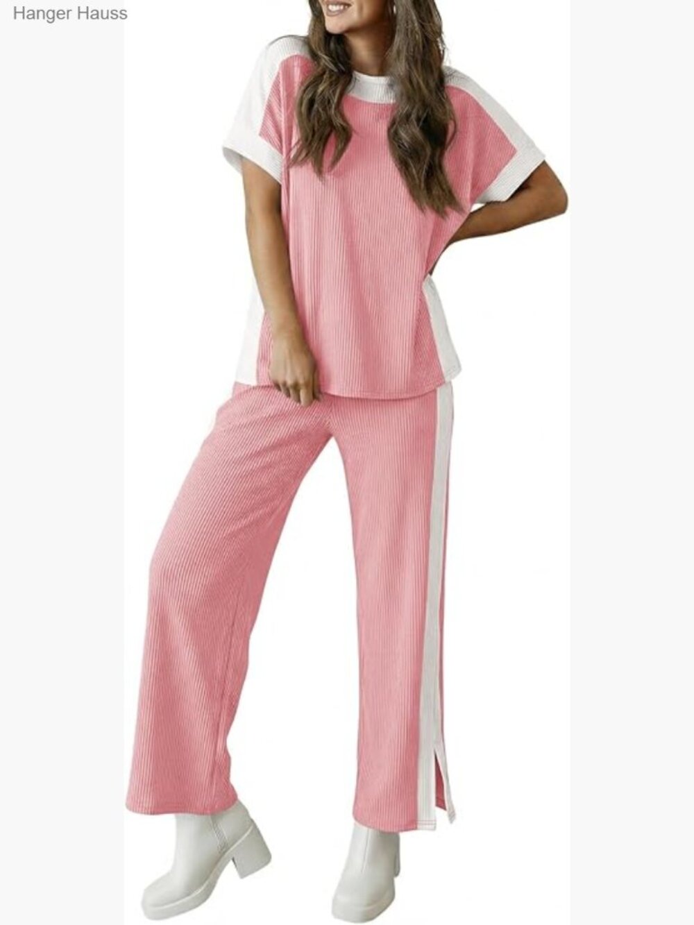 Womens 2 Piece Lounge Set Textured Short Sleeve Top Wide Leg Pants Travel
